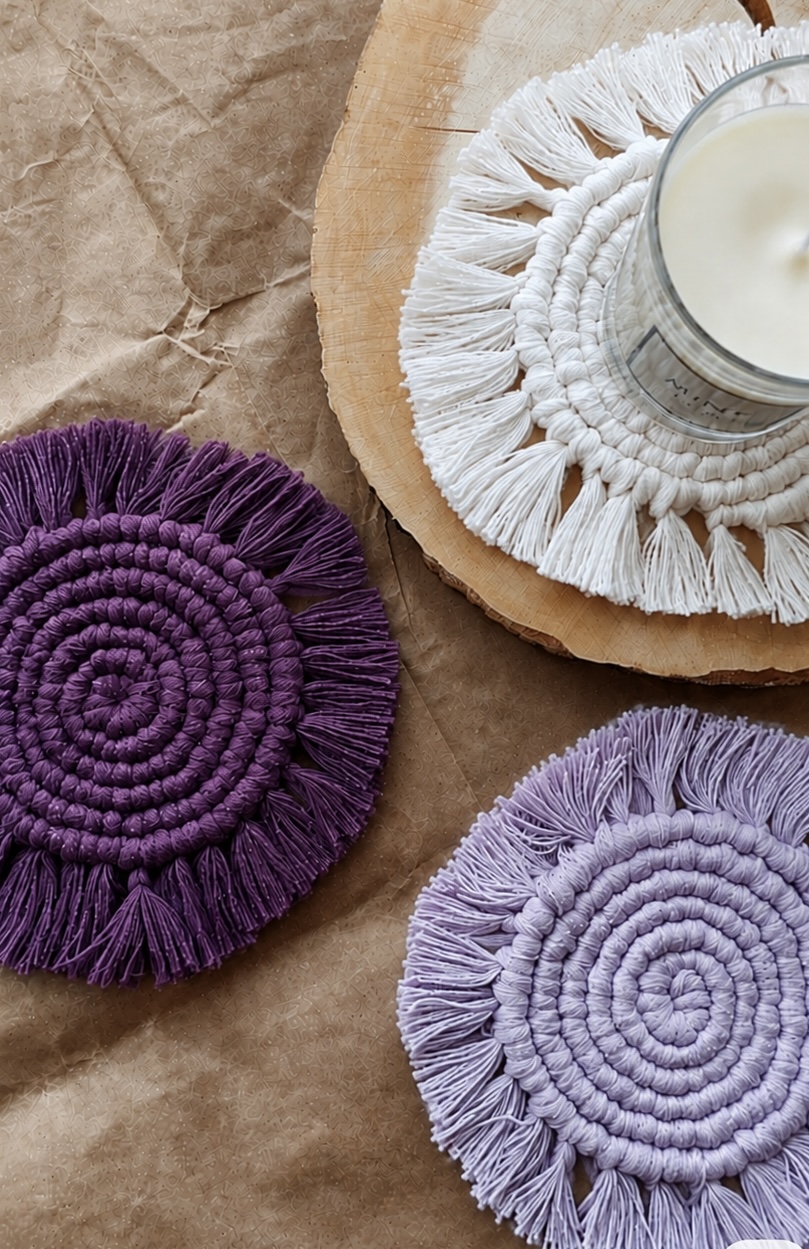Pair of purple and lilac fringed macramé coasters with an ivory one and a candle