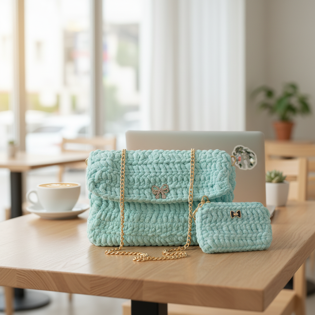 Blue crochet bag with matching small pouch and gold chain on a cafe table