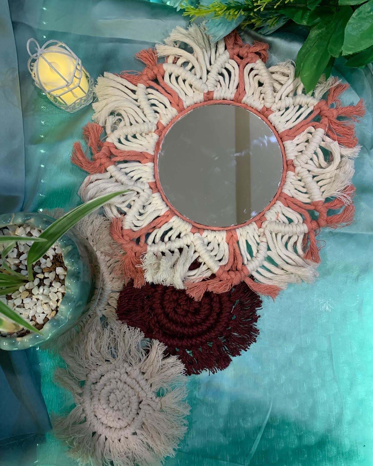 Macrame mirror in coral and ivory with fringed coasters
