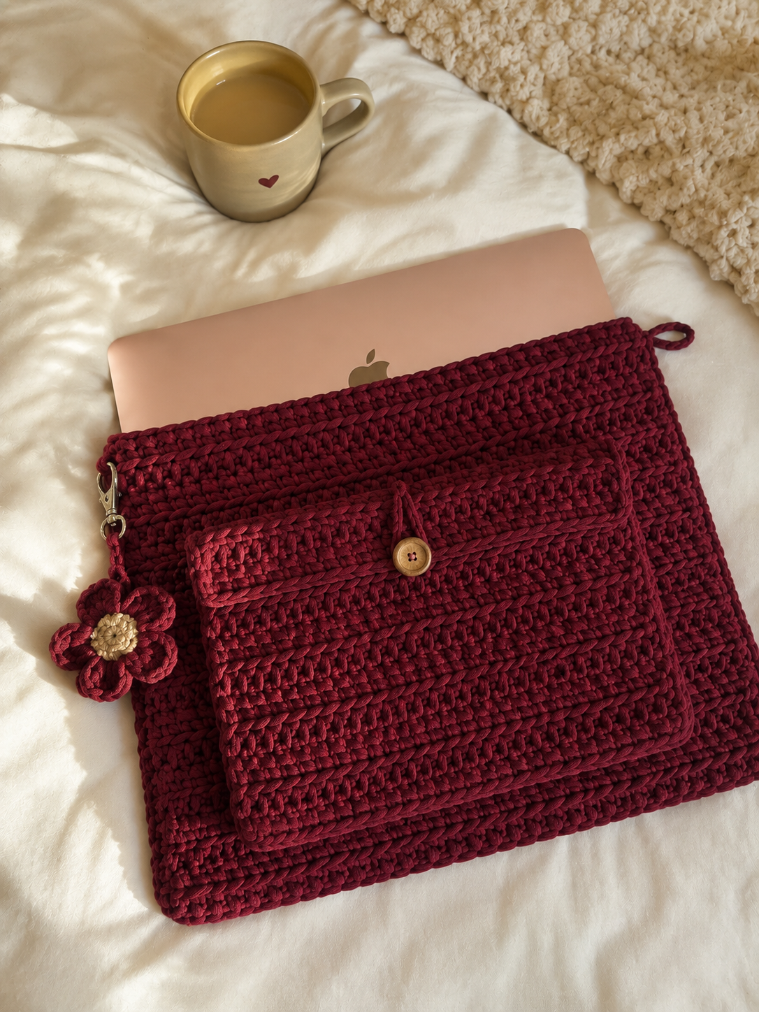 Maroon crochet laptop sleeve with matching pouch and flower charm on a bed