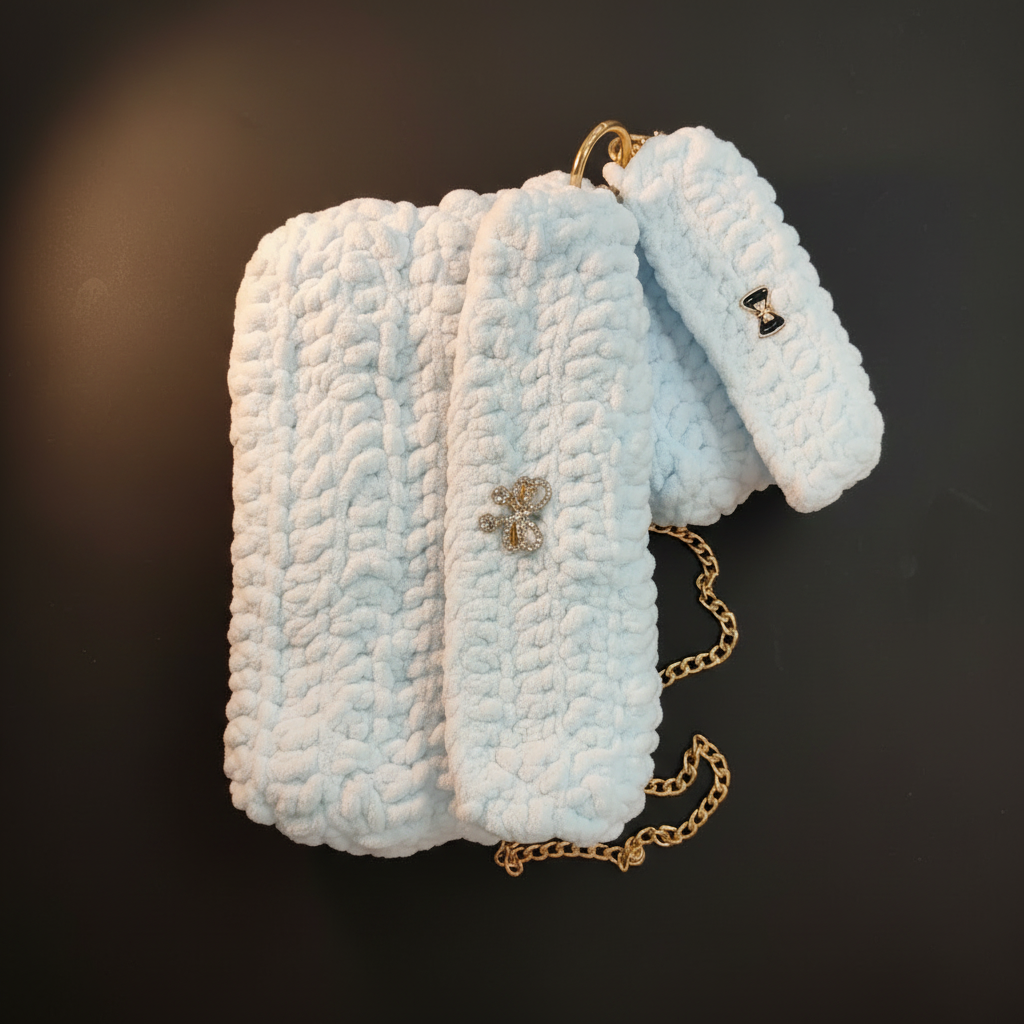 Blue crochet bag with matching small pouch and gold chain
