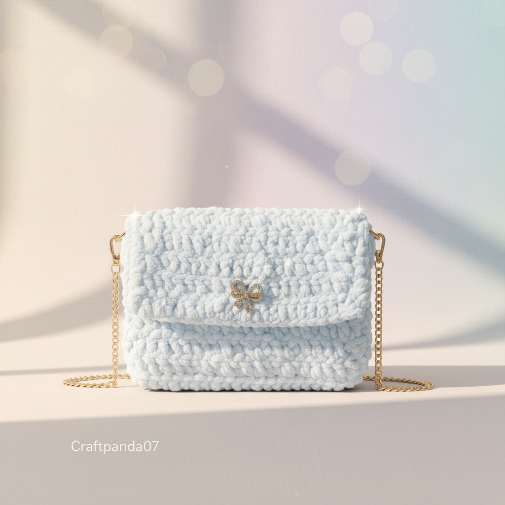 Baby blue small crochet bag with gold chain strap