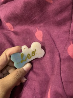 Bone-shaped resin pet name keychain with 'Leo' in gold script