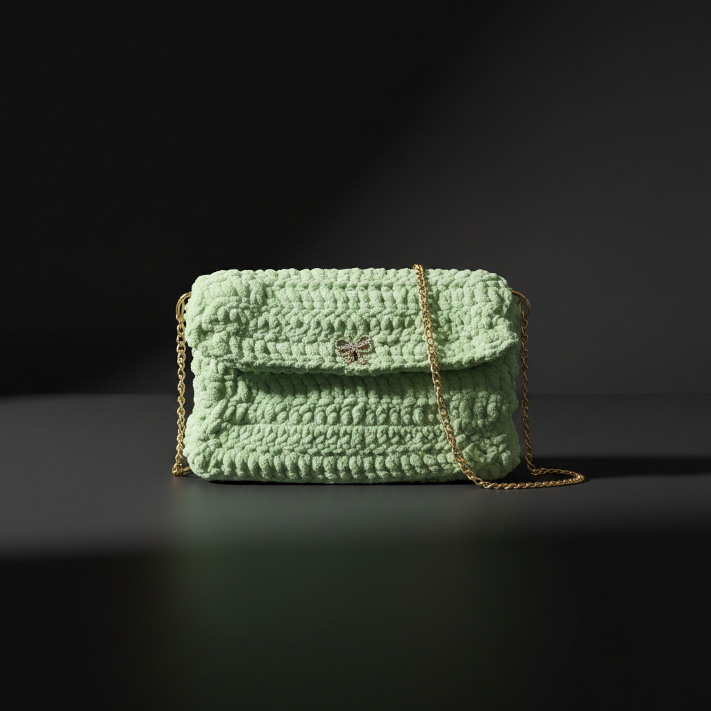 Mint green medium-size crochet shoulder bag photographed on a dark background