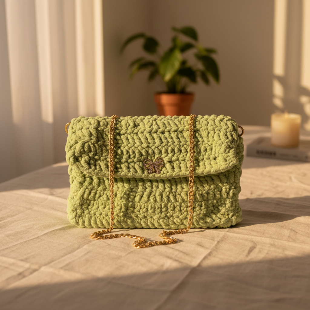 Sage green medium-size crochet shoulder bag with gold chain strap