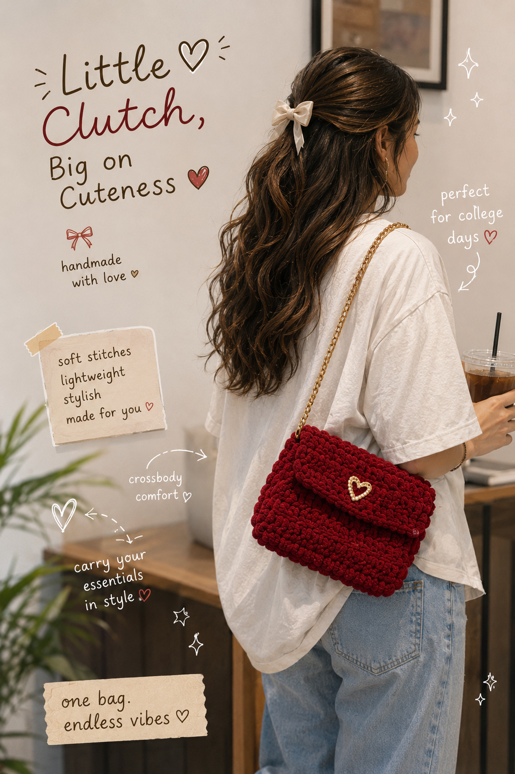 Model carrying a red chenille crochet crossbody clutch with gold chain