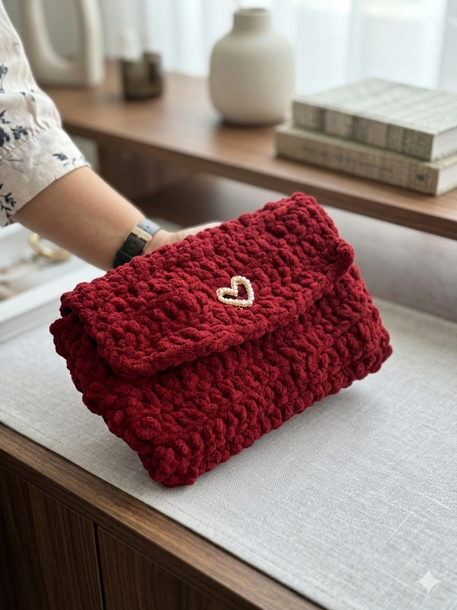 Deep red chenille crochet clutch bag with pearl heart charm