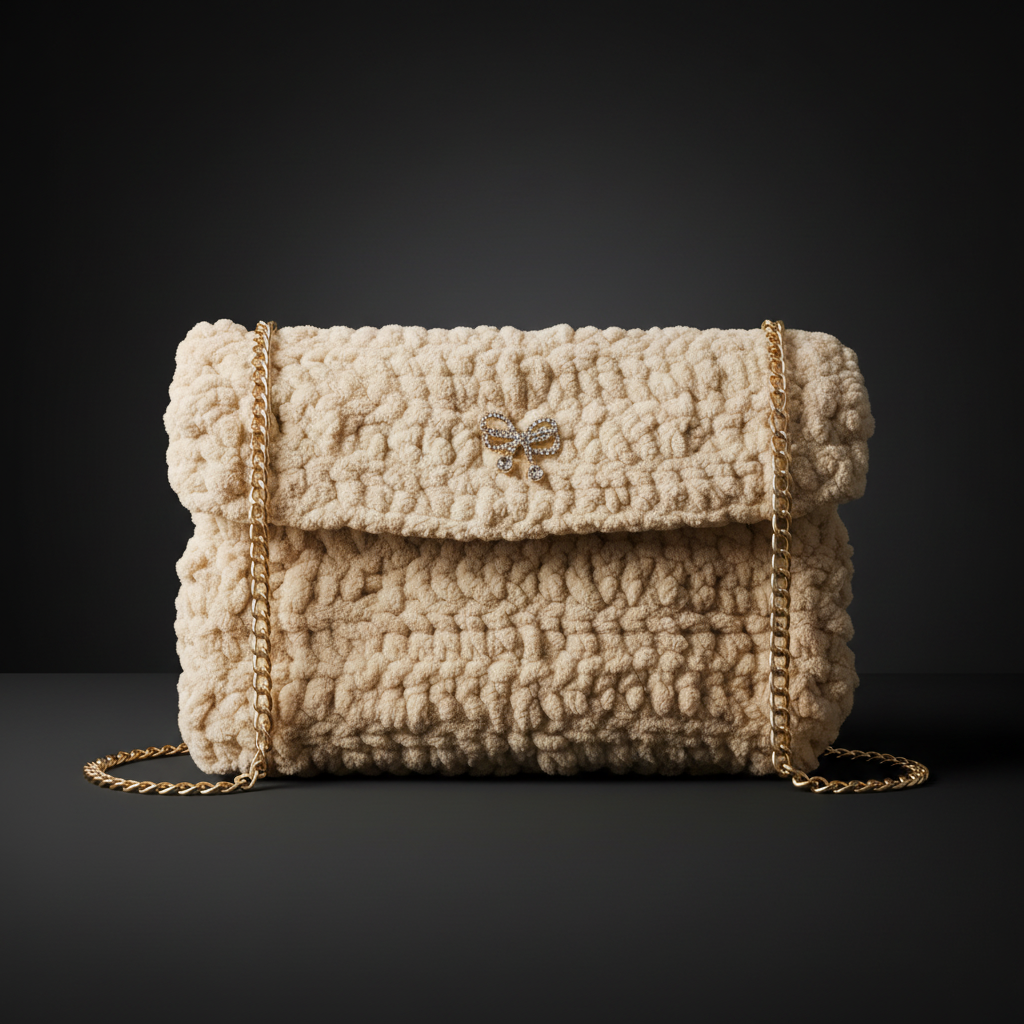 Beige medium-size crochet shoulder bag with gold chain strap