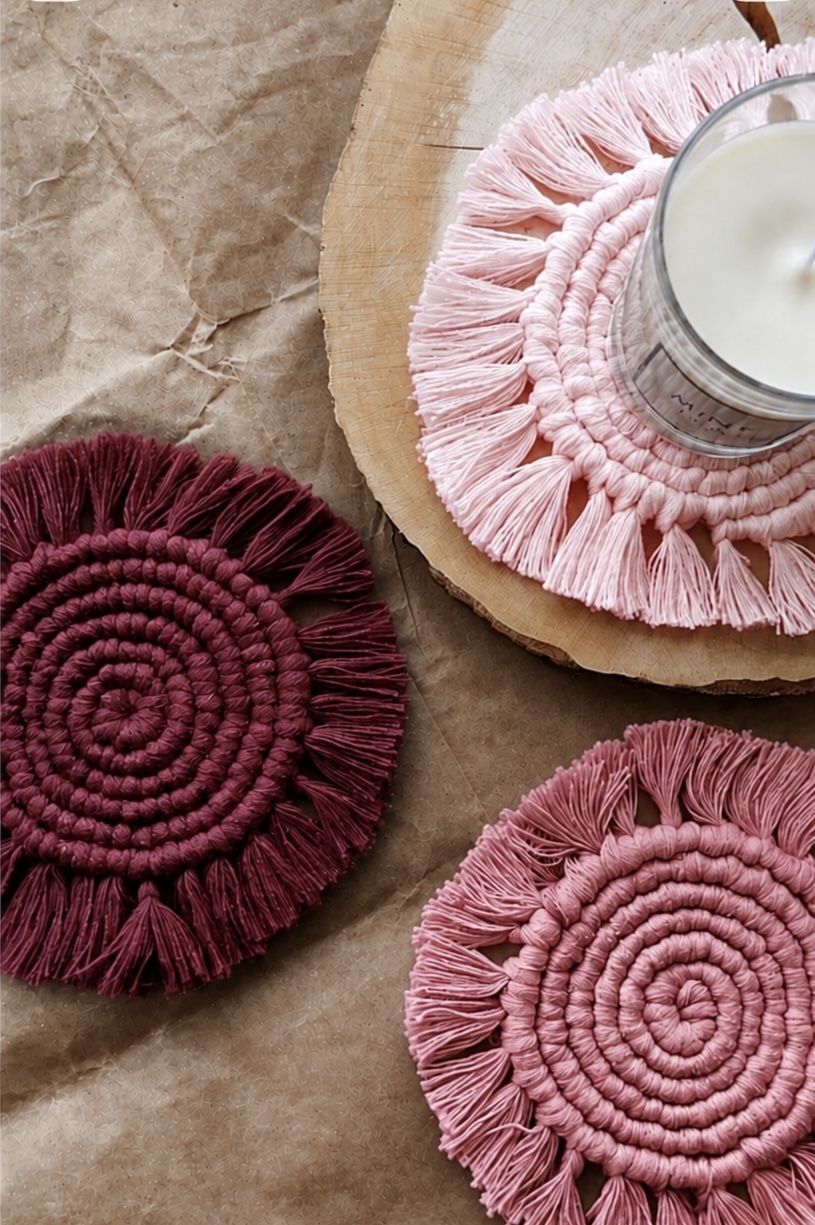 Pair of blush pink and maroon fringed macramé coasters with a candle